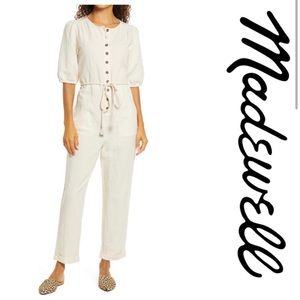 Madewell Puff Sleeve Tassel Tie Linen Blend Jumpsuit Size XS